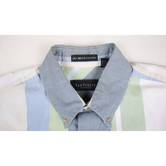 VAN HEUSEN SALT WATER COTTONS - BLUE GREEN WHITE STRIPED SHORT SLEEVE SHIRT - S - Picture 2 of 3